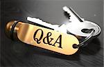 Questions and Answers  Concept. Keys with Golden Keyring on Black Wooden Table. Closeup View, Selective Focus, 3D Render.