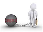 Businessman is detained by a chain ball with the word CRISIS on it