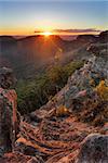 The last rays of sunshine stream over Wilsons Gully and the valley and highlight the foreground cliffs and rock ledges and foliage.  Sunset views from Sunset Rock, Mt Victoria in the Blue Mountains, Australia