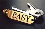 Easy Concept. Keys with Golden Keyring on Black Wooden Table. Closeup View, Selective Focus, 3D Render. Toned Image.