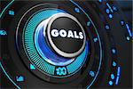 Goals Controller on Black Control Console with Blue Backlight. Improvement, regulation, control or management concept.