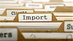 Import Concept. Word on Folder Register of Card Index. Selective Focus.