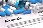 Diagnosis - Alopecia. Medical Concept with Blue Pills, Injections and Syringe. Selective Focus. Blurred Background.