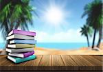 3D render of a pile of books on a wooden table looking out to a sandy beach