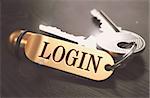 Login Concept. Keys with Golden Keyring on Black Wooden Table. Closeup View, Selective Focus, 3D Render. Toned Image.