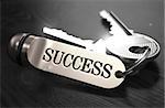 Keys to Success - Concept on Golden Keychain over Black Wooden Background. Closeup View, Selective Focus, 3D Render. Black and White Image.