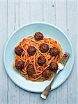 close up of rustic american italian meatball spaghetti