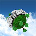 3D render of a grassy globe with trucks and trees in a blue sky with clouds