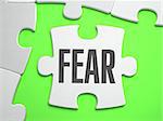 Fear - Jigsaw Puzzle with Missing Pieces. Bright Green Background. Close-up. 3d Illustration.