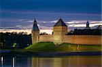 Fortress walls and towers at white nights landscape. Novgorod kremlin, Russia