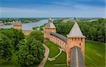 Fortification walls view from tower. Novgorod kremlin fortress, Russia.