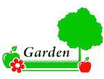 garden background with tree icon, flower, green grass and red apple