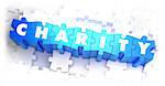 Charity -  Word on Blue Puzzles on White Background. 3D Render.