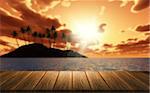 3D render of a wooden table looking out to a palm tree island against a sunset sky