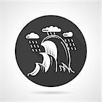 Black round flat design vector icon with white contour waves and rain on gray background.