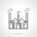 Black flat line vector icon for plant or factory. Industrial building with three towers with smoke. Design element for business and website