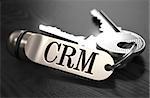 CRM - Customer Relationship Management - Concept. Keys with Keyring on Black Wooden Table. Closeup View, Selective Focus, 3D Render. Black and White Image.