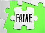 Fame - Jigsaw Puzzle with Missing Pieces. Bright Green Background. Close-up. 3d Illustration.