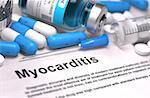 Diagnosis - Myocarditis. Medical Concept with Blue Pills, Injections and Syringe. Selective Focus. Blurred Background.