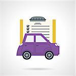 Flat color design vector icon for purple car with sample document for selling, insurance, rent and other occasions. Design element for business and website
