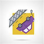 Simple flat color design vector icon for car evacuation. Purple automobile on crane tow on yellow background. Design element for business and website