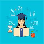 Flat design modern vector illustration set of concept of online  training, education, study with book, girl, apple - eps 10