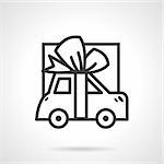 Black simple line vector icon for gift or selling car. Automobile with ribbon bow. Design element for business and website