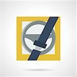 Flat color design vector icon for driver safety. Seatbelt with lock and steering wheel on yellow background. Design element for business and website