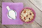 Healthy breakfast with muesli and milk. View from above on wooden table