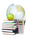 School and office supplies. Notepads, colorful pencils, apple and globe. Isolated on white background