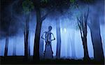 3D render of a Halloween background of a skeleton in a foggy forest