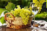 White wine glass, vine and bunch of grapes on garden table