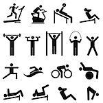Exercise, fitness, health and gym icon set