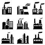 Industrial building, power plant and factory icon set