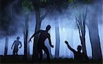 3D render of zombies in spooky foggy forest