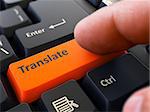 Translate Concept. Person Click on Orange Keyboard Button. Selective Focus. Closeup View.