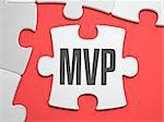 MVP - Marketing Viable Perspective - Text on Puzzle on the Place of Missing Pieces. Scarlett Background. Close-up. 3d Illustration.