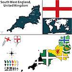 Vector map of South West England, United Kingdom with regions and flags