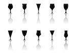 black glasses icon set with mirror reflection silhouette