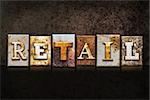 The word "RETAIL" written in rusty metal letterpress type on a dark textured grunge background.