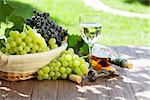 White wine bottle and glass, red and white grape on garden table