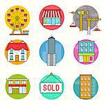 Urban building Vector Icon Set. A collection of buildings including a ferris wheel, house, sky scrapers and shop stores. Layered Vector illustration.