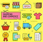 Shopping And Retail Icon Set. A collection of commerce icons including a shop, transactions and delivery. Vector illustration.