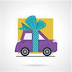 Flat color style vector icon for advertising action for cars. Purple automobile with ribbon bow for sale, rent or insurance proposition. Design elements for business and website