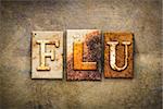 The word "FLU" written in rusty metal letterpress type on an old aged leather background.