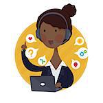 Vector illustration of Customer Support Help Desk African American  Woman Operator Service Concept in Black Suit