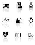 set isolated medical icons with reflection silhouette