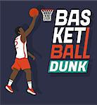Basketball dunk. Flat illustration of basketball player jumping with the ball to the basket. Design lettering for  poster or sport banner