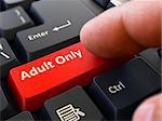 Adult Only Concept. Person Click on Red Keyboard Button with Text Adult Only. Selective Focus. Closeup View.