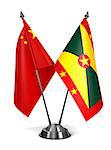 China and Grenada - Miniature Flags Isolated on White Background.